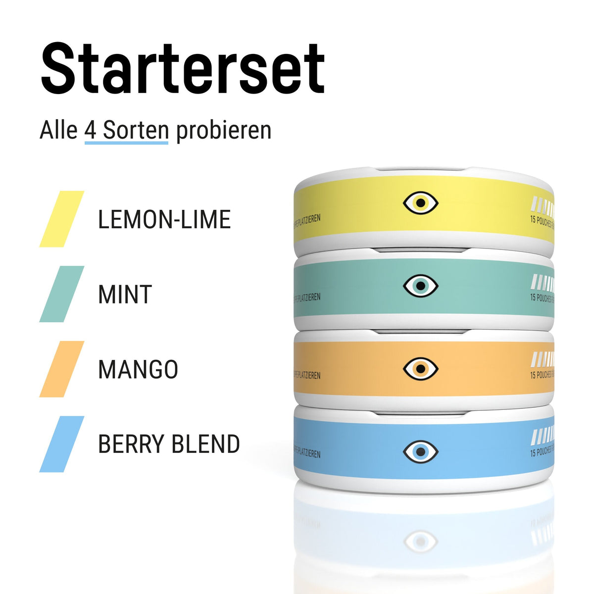 Lucid Starterset: vier Dosen gestapelt, alle vier Sorten Lemon-Lime, Mint, Mango und Berry Blend
